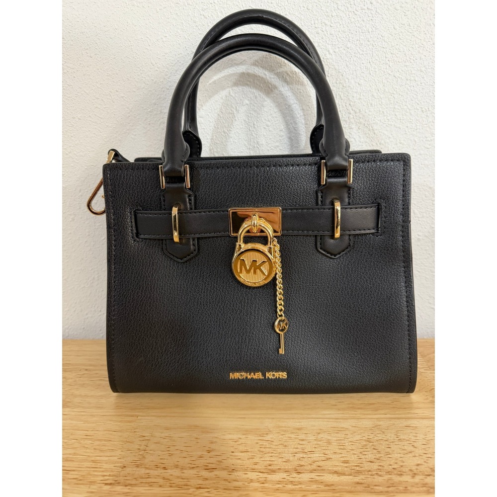 Michael Kors Hamilton Satchel Black Pebbled Leather Gold Padlock Crossbody Bag
